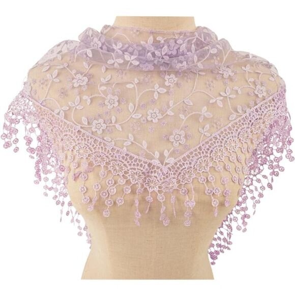 Romantic LAVENDER Lightweight Soft Leaf Lace Fringes Triangular Floral Fashion - Picture 2 of 8
